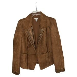 Chico's, women  brown faux suede jacket, embellished size 1-medium